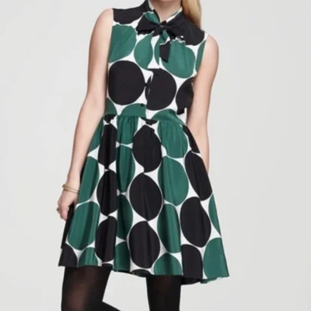 Kate Spade Willa Silk Sleeveless Tie Neck Dot A-Line Dress Green Black, size 0